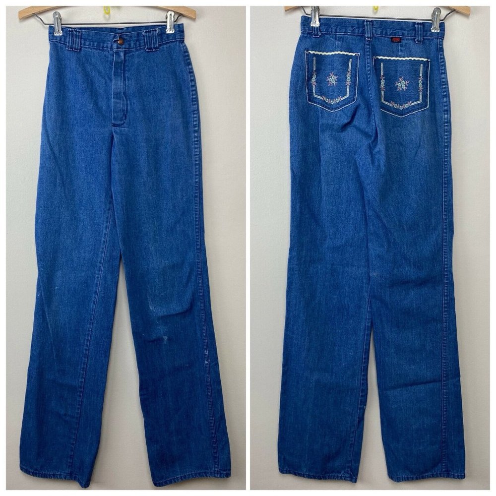 Vintage 1970s/80s Stuffed Jeans, 23.5" x 33", Embroidered Pockets, High Waisted